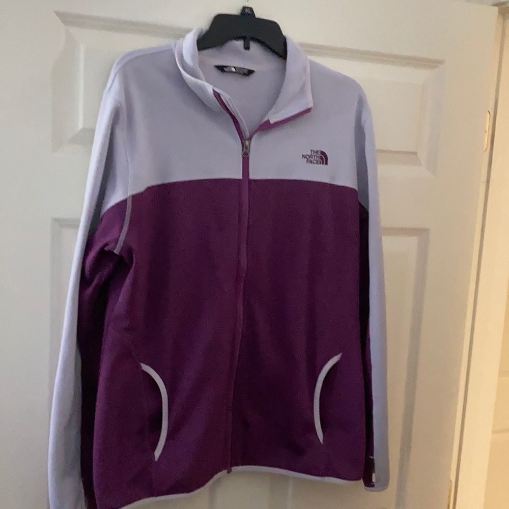 Light weight light and dark purple North Face jacket with thumb holes - like new